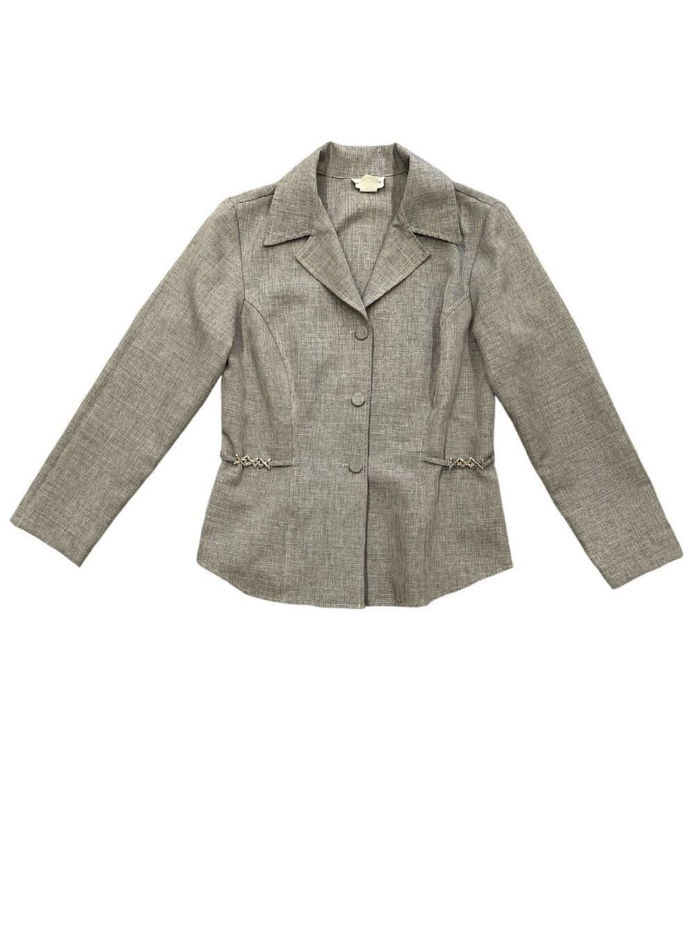 WRAPPER M (L) heathered gray button lightweight tailored blazer silver accents